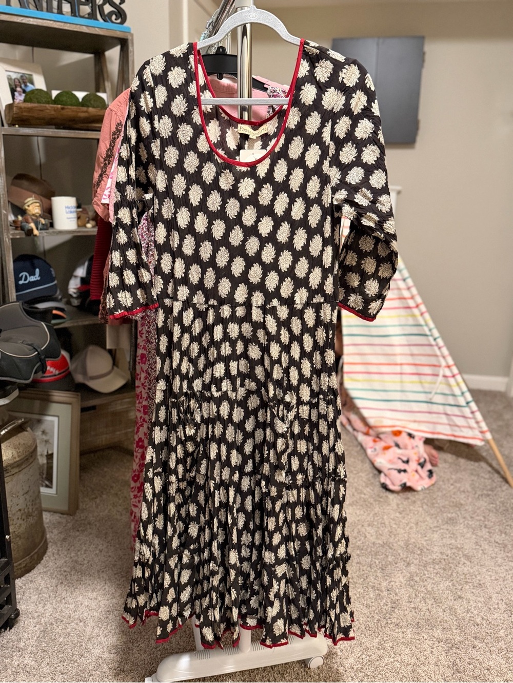 Black Floral Long-Sleeve Tiered Midi Dress with Red Trim